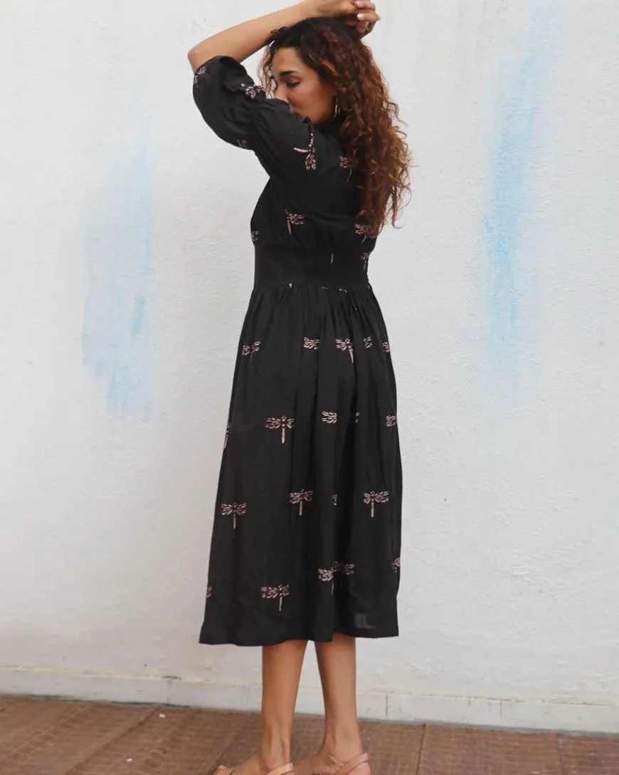 Laid Black Hand block Printed Cotton Dress - Mono