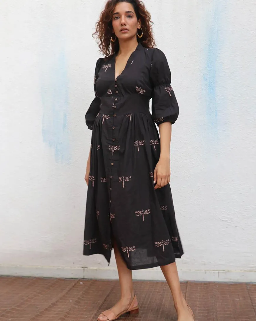Laid Black Hand block Printed Cotton Dress - Mono