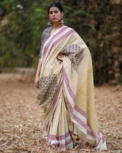 Lehraata Sa Ivory Hand Block Printed Cotton Saree - WW