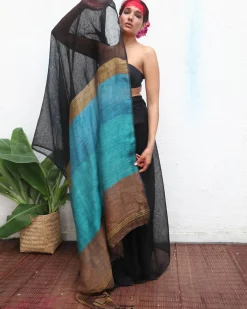 Mahamaya Handwoven Linen Saree - Kaali
