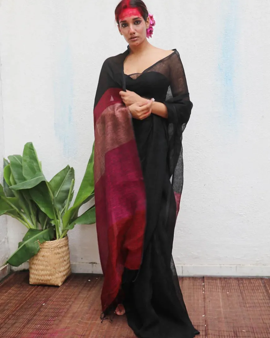 Maheshwari Handwoven Linen Saree - Kaali