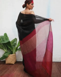 Maheshwari Handwoven Linen Saree - Kaali