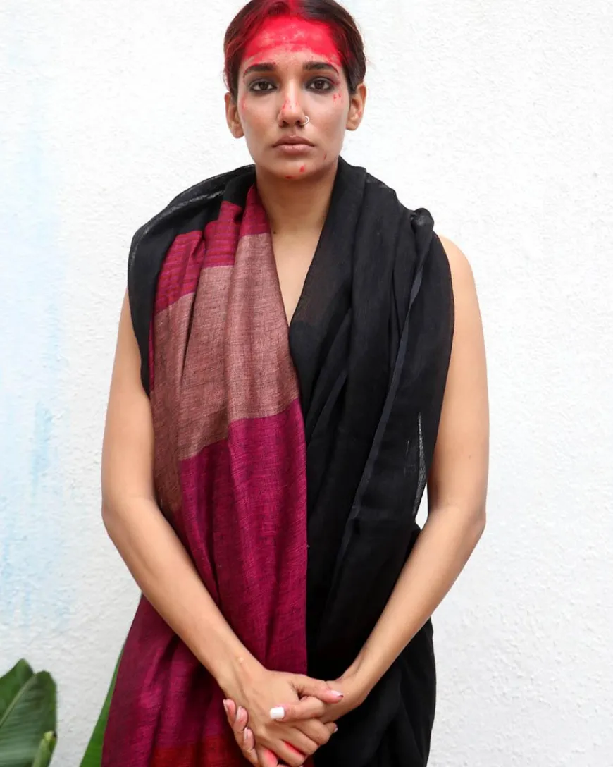 Maheshwari Handwoven Linen Saree - Kaali