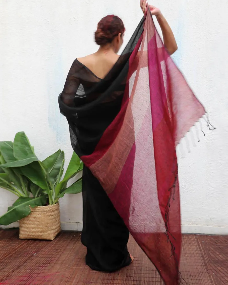 Maheshwari Handwoven Linen Saree - Kaali