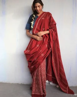 Marron Blockprinted Cotton Mul Saree - God
