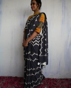 Midnight Blue & White Printed Pure Cotton Saree
