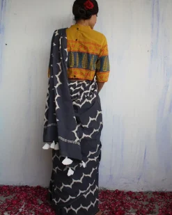Midnight Blue & White Printed Pure Cotton Saree