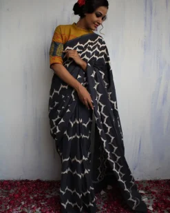 Midnight Blue & White Printed Pure Cotton Saree