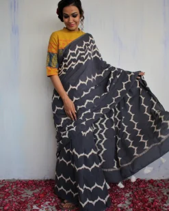 Midnight Blue & White Printed Pure Cotton Saree