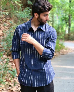 Midnight Blue Block Printed Cotton Shirt