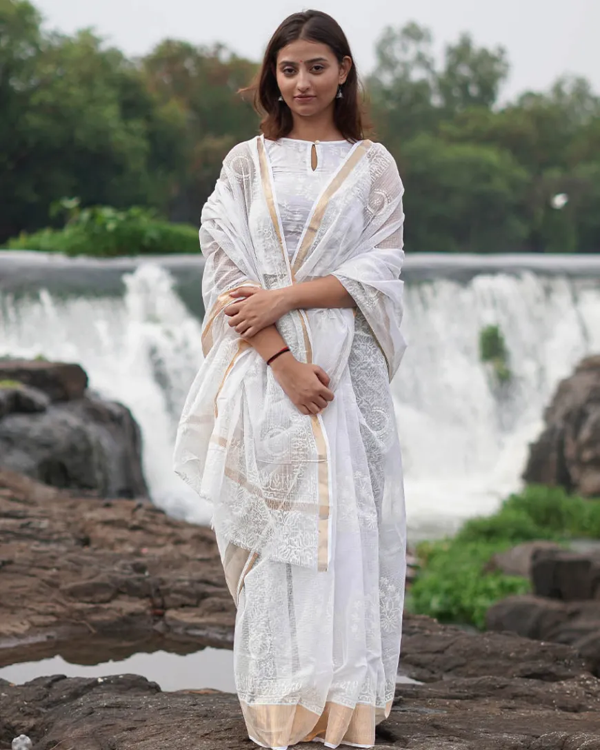 Milk Glass Kota Doria Ivory Block Printed Saree - SFD