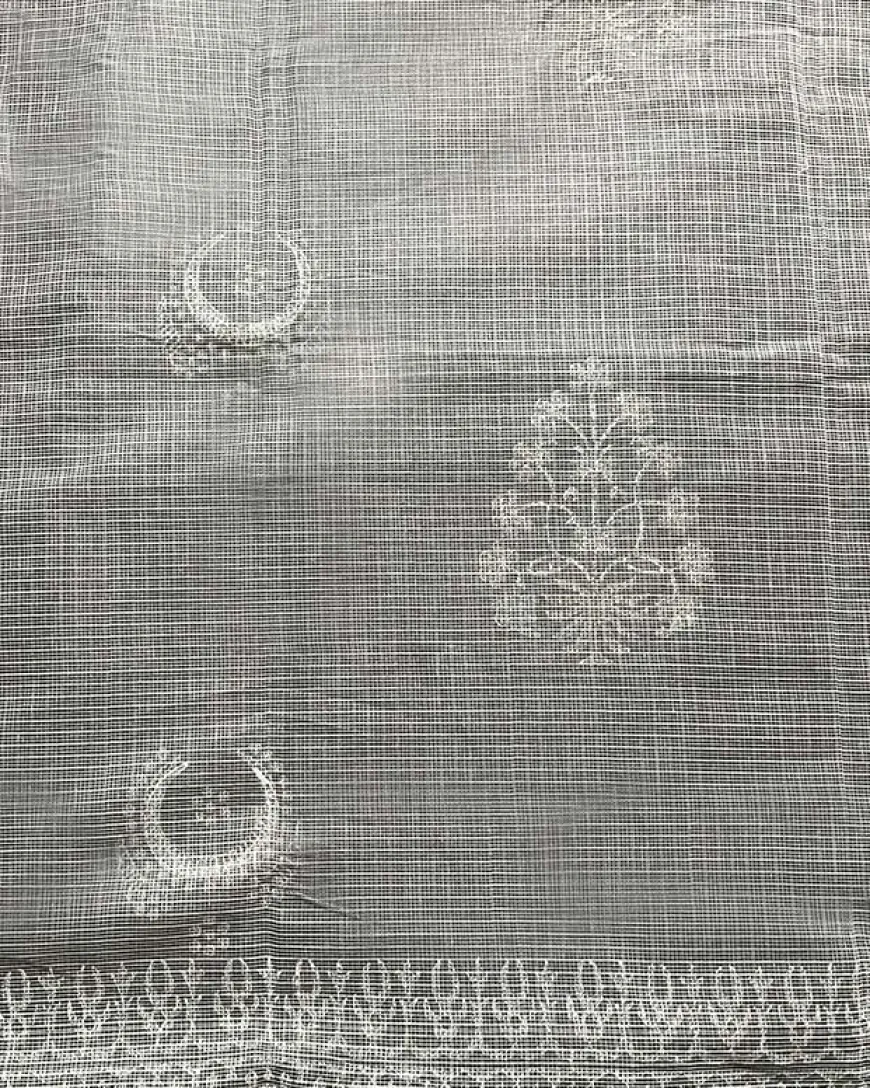 Milk Glass Kota Doria Ivory Block Printed Saree - SFD