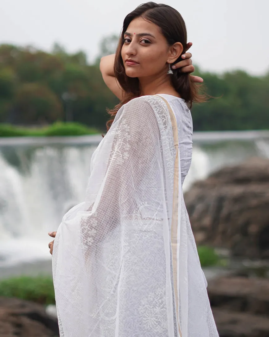 Milk Glass Kota Doria Ivory Block Printed Saree - SFD