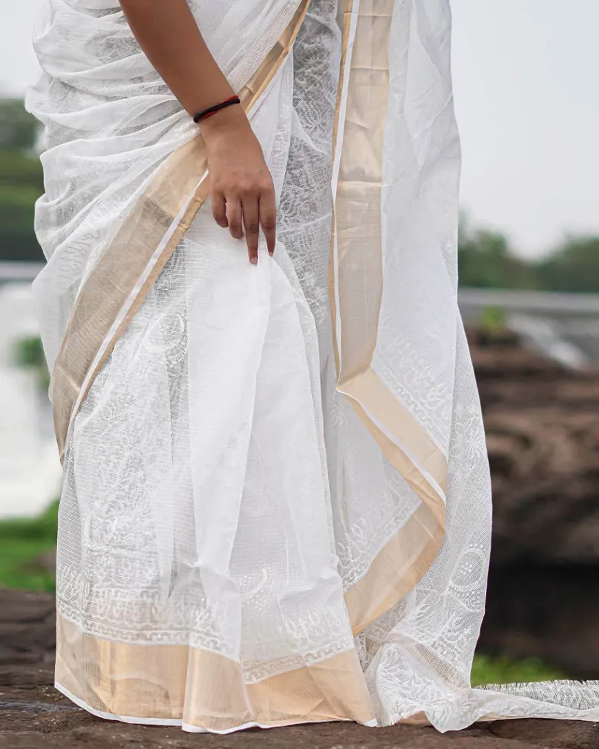 Milk Glass Kota Doria Ivory Block Printed Saree - SFD