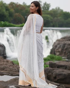 Milk Glass Kota Doria Ivory Block Printed Saree - SFD