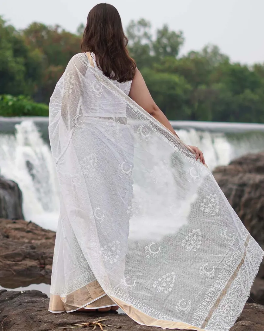Milk Glass Kota Doria Ivory Block Printed Saree - SFD