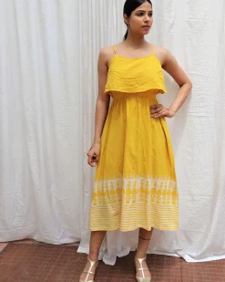 Mimosa Yellow Handblockprinted Cotton Dress-Sor