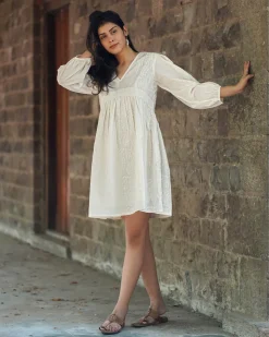 Mist on Marble Ivory Block Printed Dress - SFD