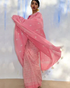 Moon Child Handblock Printed Cotton Saree- Skd