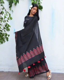 Moonlit Serenade Handblockprinted Mulmul Cotton Saree - Vnmn