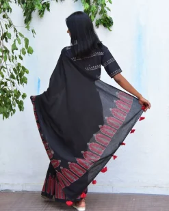 Moonlit Serenade Handblockprinted Mulmul Cotton Saree - Vnmn