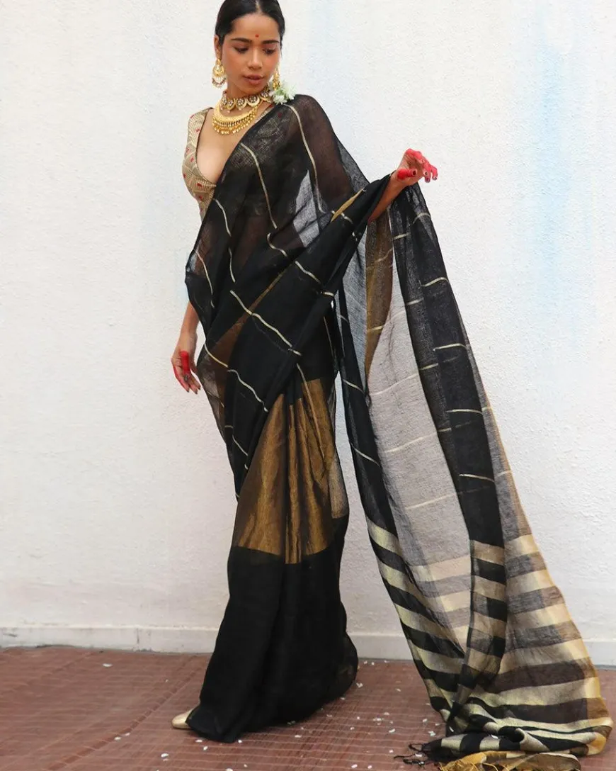 Mrinmoyee Handwoven Linen Zari Saree