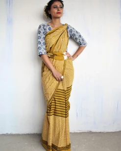 Mustard & White Striped Pure Cotton Block Print Saree