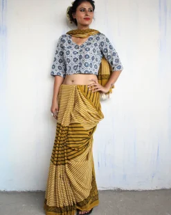 Mustard & White Striped Pure Cotton Block Print Saree