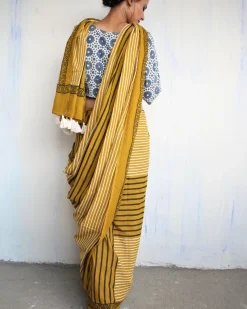 Mustard & White Striped Pure Cotton Block Print Saree