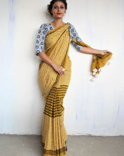 Mustard & White Striped Pure Cotton Block Print Saree