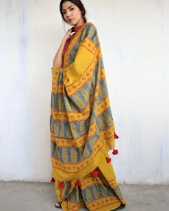 Mustard Block Printed Cotton Mul Saree - God