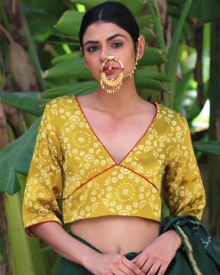 Mustard Blockprinted Mashru Silk Blouse-Chand Se