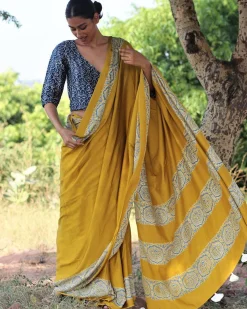 Mustard Blockprinted Modal Silk Saree - Rang