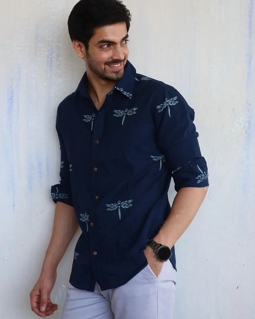 Navy Blue Dragonfly Block-Printed Men'S Shirt