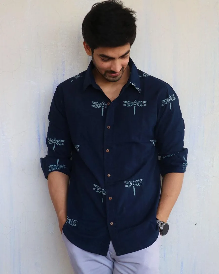 Navy Blue Dragonfly Block-Printed Men'S Shirt
