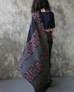 Nazmiyah Handblockprinted Cotton Saree - Kohl