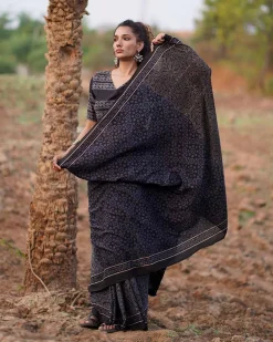 Nightscented Orchids Blockprinted Cotton Saree-WWB