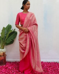 Ojaswee Rani Pink Handwoven Linen Zari Saree - Eknoor