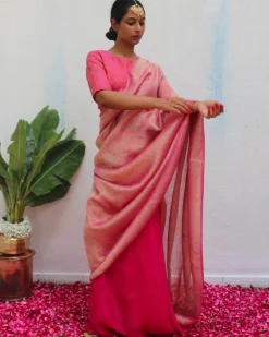 Ojaswee Rani Pink Handwoven Linen Zari Saree - Eknoor