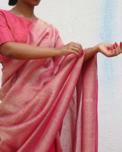 Ojaswee Rani Pink Handwoven Linen Zari Saree - Eknoor