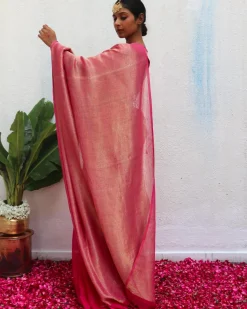 Ojaswee Rani Pink Handwoven Linen Zari Saree - Eknoor