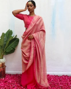 Ojaswee Rani Pink Handwoven Linen Zari Saree - Eknoor