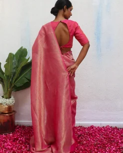 Ojaswee Rani Pink Handwoven Linen Zari Saree - Eknoor