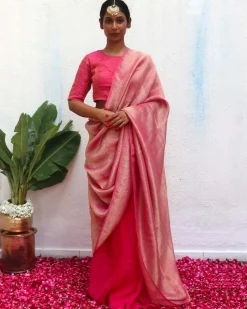 Ojaswee Rani Pink Handwoven Linen Zari Saree - Eknoor