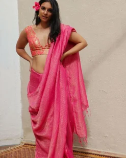 Opal Handwoven Linen Zari Saree - TOG