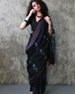 Oriana  Handblockprinted Cotton Saree - Kohl