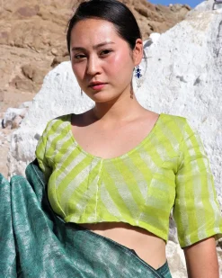 Parrot Green Handwoven Linen Zari Blouse-Samah