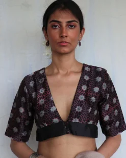 Parveen Black Hand Blockprinted Mashru Silk Blouse-Yesterday