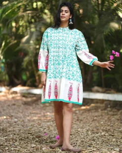 Petunia’s Poise Teal Green Block Printed Cotton Dress - MMG