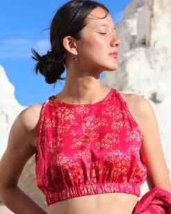 Pink Bel Blockprinted Mashru Silk Blouse-Lagn
